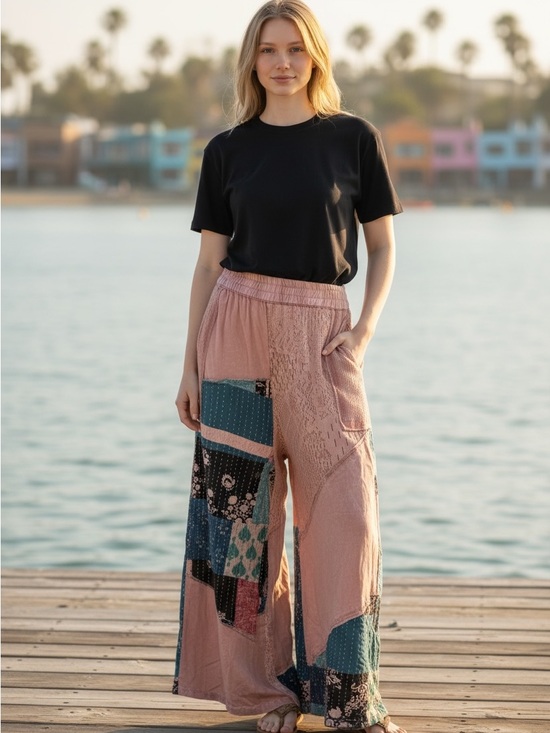 POL Pants - POL L Relaxed Patchwork Wide-Leg Pants in Dusty Pink